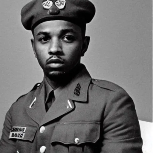 Prompt: Kendrick Lamar as a soldier during World War II, ww2, black and white, old photo, 1940