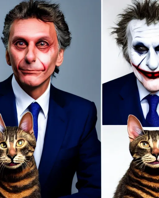 Prompt: Mauricio Macri in Elaborate Joker Makeup and prosthetics designed by Rick Baker, Hyperreal, Head Shots Photographed in the Style of Annie Leibovitz, Studio Lighting, Mauricio Macri with a cat in his hand