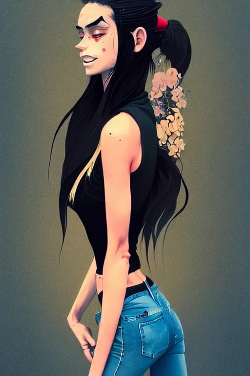 Prompt: a ultradetailed beautiful full body painting of a stylish woman with a ponytail, she is wearing a black tank top and jeans, by conrad roset, greg rutkowski and makoto shinkai trending on artstation