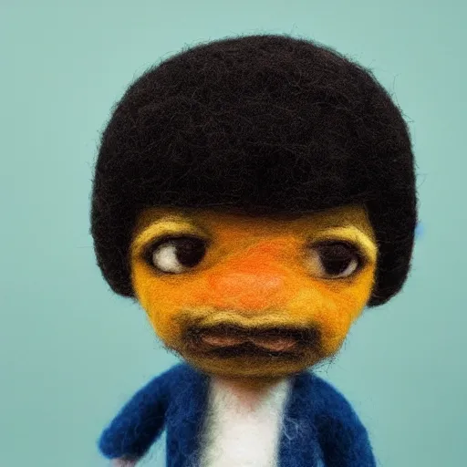 Image similar to needle felted Samuel L Jackson as Jules in Pulp Fiction (1994), highly detailed, tilt shift, cool, hyperrealism, highly textured, god rays