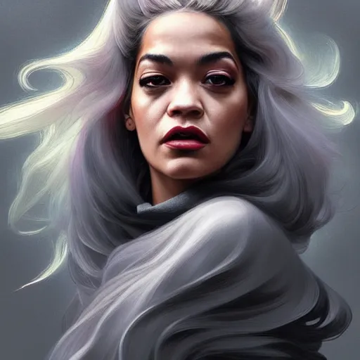 Image similar to Rita Ora , colorful painting on grey scale face, powerful , magic, thunders, dramatic lighting, intricate, wild, highly detailed, digital painting, artstation, concept art, smooth, sharp focus, illustration, art by artgerm and greg rutkowski and alphonse mucha, footage
