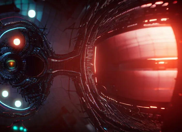 Image similar to Cybernetic human eye. Intricate. Very detailed 8k. Fantasy cyberpunk horror. Sharp. Cinematic post-processing. Unreal engine. Nanite. Ray tracing. Parallax. Tessellation