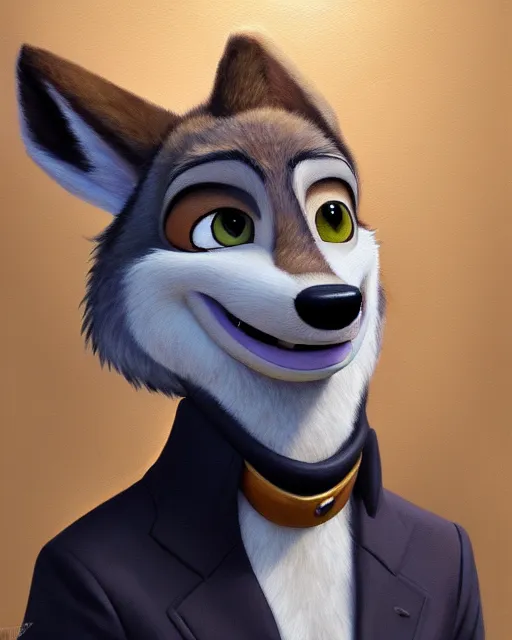 Image similar to oil painting of anthromorphic female wolf, in style of zootopia, female fursona, furry, furaffinity, 4 k, deviantart, furry art, fursona art, wearing black business suit, business suit, wolf fursona, female, very expressive detailed feminine face,