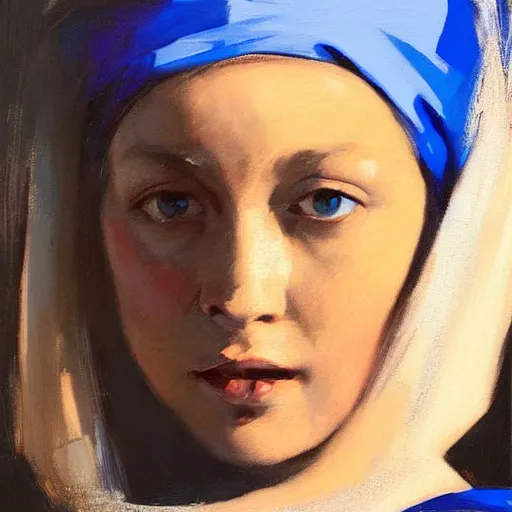 Image similar to greg manchess portrait painting of the girl with the pearl earring with the face of mona lisa, medium shot, asymmetrical, profile picture, organic painting, sunny day, matte painting, bold shapes, hard edges, street art, trending on artstation, by huang guangjian and gil elvgren and gerald brom