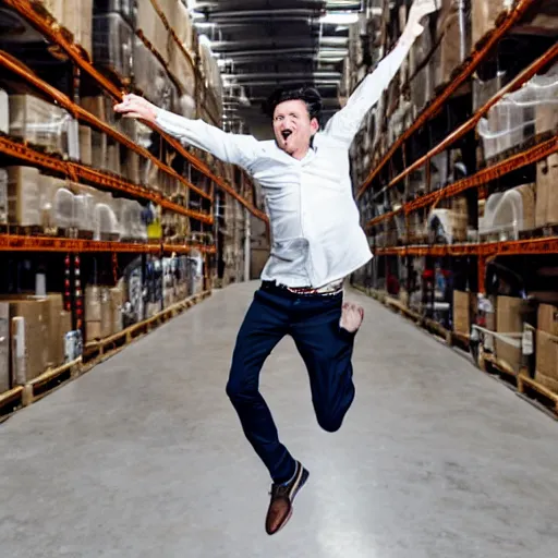 Image similar to an elgant detailed portrait of a man boisterously dancing around the room by himself holding an empty wine bottle as he jumps in the air in a (warehouse), striking artistic concept, perfect composition, detailed facial expression, fine detail, dramatic lighting, award-winning photo UHD, 4K