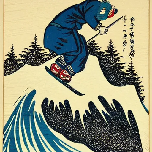 Prompt: snowboarder snowboarding woodblock print, style of hokusai, fine art, style of kanagawa, painting