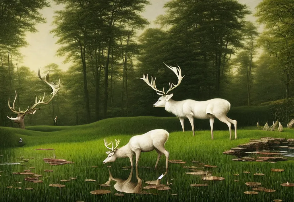 Image similar to hyper detailed 3d render like a Oil painting - white stag drinking from reflecting pool in a peaceful lush meadow, by Jacek Yerka, Mariusz Lewandowski, Houdini algorithmic generative render, Abstract brush strokes, Masterpiece, Edward Hopper and James Gilleard, Zdzislaw Beksinski, Mark Ryden, Wolfgang Lettl, hints of Yayoi Kasuma, octane render, 8k