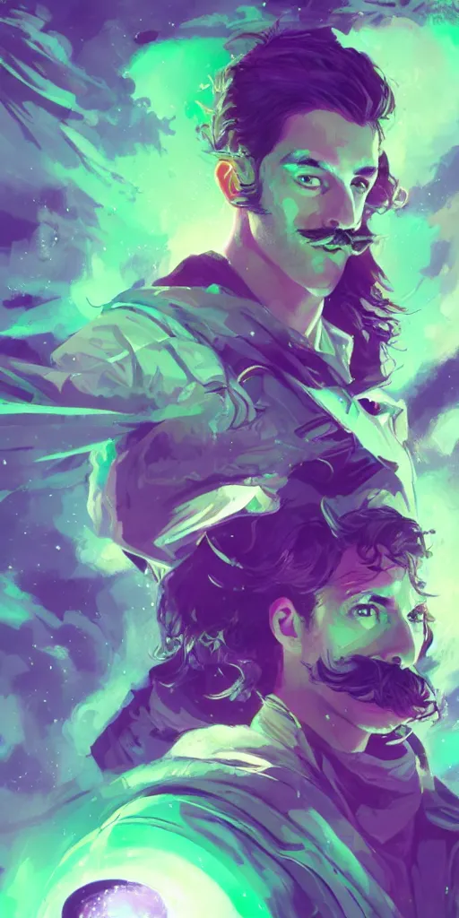 Prompt: a young male wizard with a salvador dali moustache in space, green and purple colors, volumetric lighting, greg rutkowski, artstation, 8k