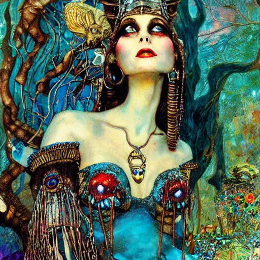 Image similar to cleopatra in alice in wonderland tripping on lsd, intricate detail, painting, royo, frazetta, whealan, klimt,