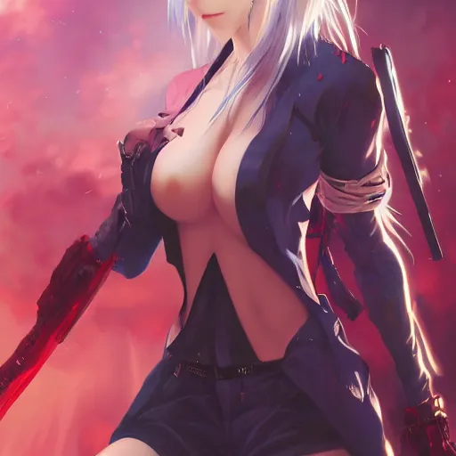 Image similar to beautiful anime art of Mary from devil may cry by WLOP, rossdraws, Logan Cure, Mingchen Shen, BangkuART, sakimichan, yan gisuka, JeonSeok Lee, zeronis, Chengwei Pan on artstation