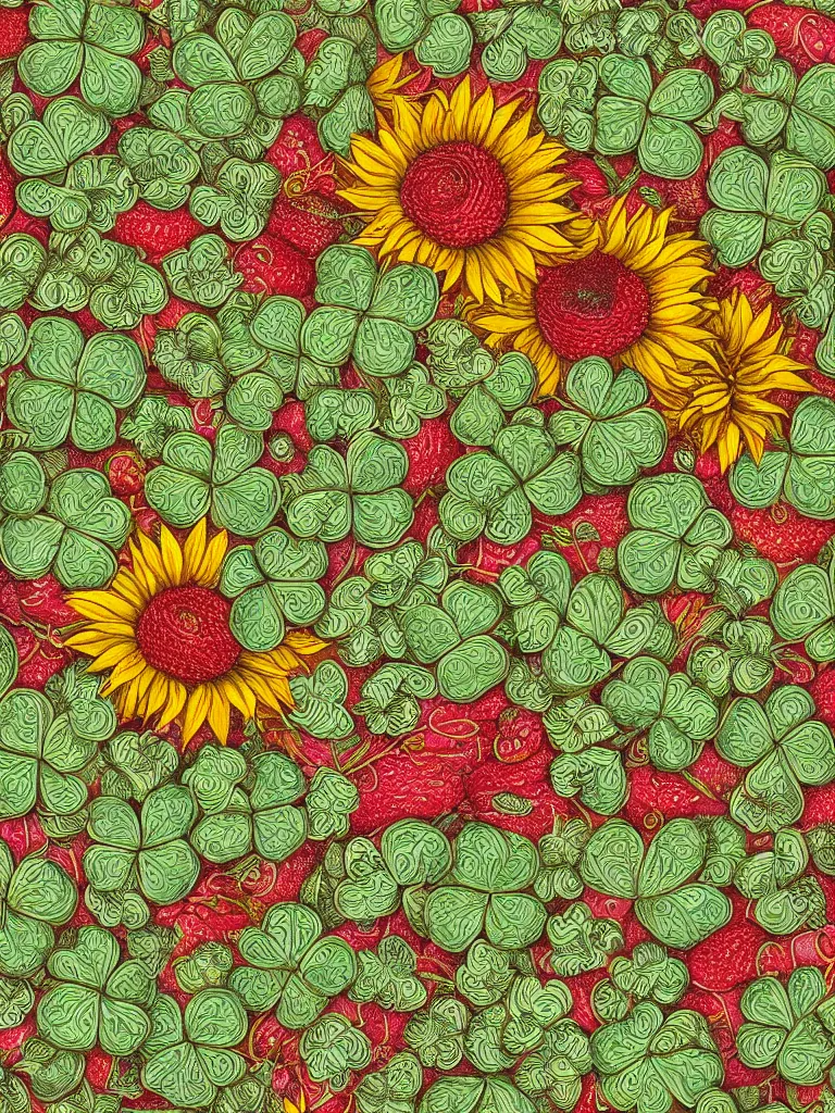 Prompt: beautiful decorative classical ornament fibonacci rhythms, sunflowers, strawberries, four leaf clover, rose petals, leaves, stems, highly detailed etching, rendered in octane, vibrant colors