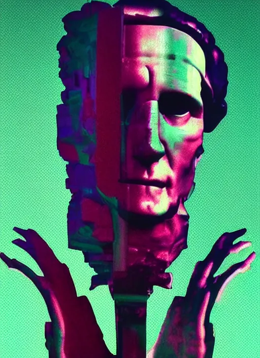 Image similar to statue of julius caesar with a skull, beeple, vaporwave, retrowave, abstract neon shapes, posterization, black background, glitch, pixel sorting, strong contrast, pinterest, trending on artstation