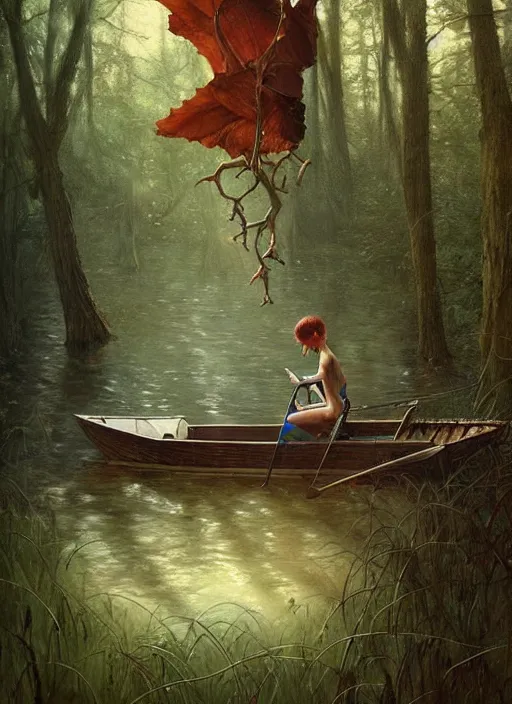 Image similar to boat in the woods by a river gorgeous lighting, lush forest foliage blue sky a hyper realistic painting by chiara bautista and beksinski and norman rockwell and greg rutkowski, tom bagshaw weta studio, and lucasfilm