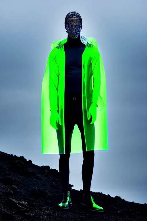 Image similar to an ultra high definition professional high fashion portrait studio full length photograph of a male model wearing a transparent pearlescent raincoat and neon visor in an icelandic black rock environment at dawn. no artefacts. extremely detailed. stark. refraction. shallow depth of field. volumetric light and shadow. ray tracing. light rays.