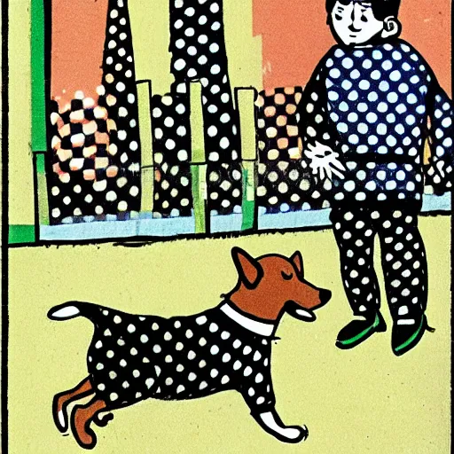 Image similar to illustration of french boy on the streets of paris playing football against a corgi, the dog is wearing a polka dot scarf, comic, 1 9 6 3