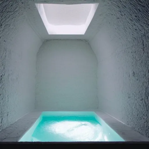 Image similar to an underground pool in an all white room with a low rounded textured ceiling, surreal, liminal, dreamlike, photo, dark, dim lighting