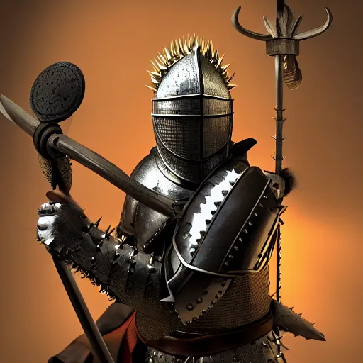 Prompt: knight with spiky armour and a medieval flail highly detailed, dramatic lighting, cinematic, 4k