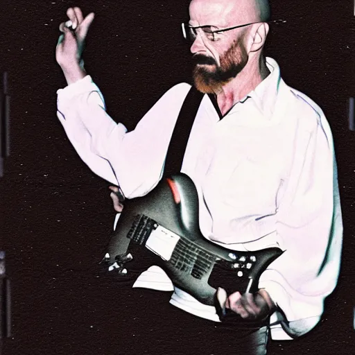 Prompt: walter white electric guitar concert, 1 9 9 0 s camera, film grain