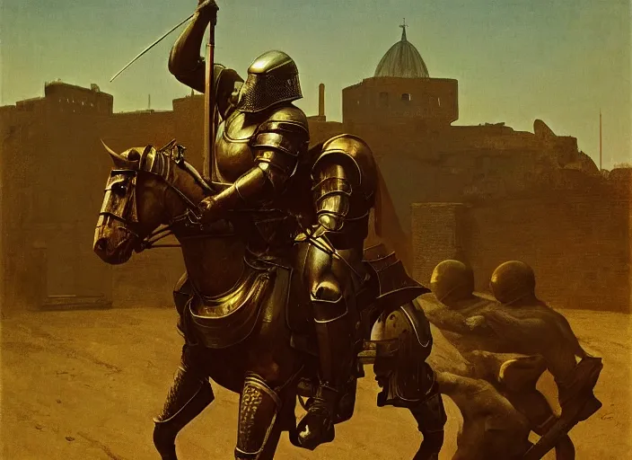 Prompt: а swat captures knight in armor, rome, highly detailed, soft lighting, elegant, works by edward hopper and james gillard, zdislaw beksinski, stephen outram, andreas m wiese, highly detailed