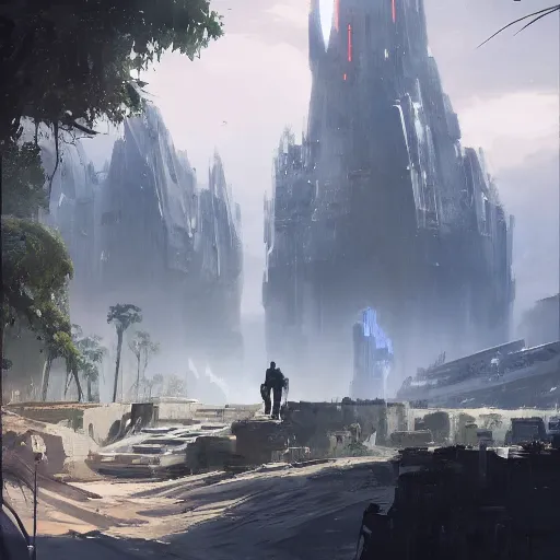 Image similar to star wars concept art by greg rutkowski, a palatial, elegant and beautiful city in the middle of a jungle, blue sky with clouds, cinematographic morning light, artstation hq