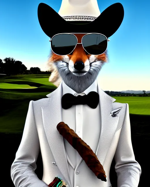 Prompt: highly detailed digital art portrait of anthropomorphic fox animal wearing a white suit, white cowboy hat, and reflective sunglasses, smoking cigar, fox animal, golf course in background, reflective aviator sunglasses, highly detailed digital art, trending on artstation