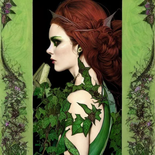 Prompt: a stunning tarot card of a beautiful poison ivy as an elf queen with hair tied in a braid, dark eyeliner, intricate, elegant, highly detailed, digital painting, artstation, concept art, sharp focus, illustration, art by john collier and albert aublet and krenz cushart and artem demura and alphonse mucha