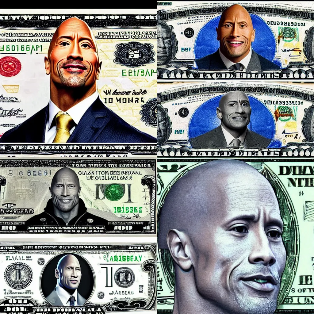 Prompt: Dwayne Johnson on the 1 dollar bill, money