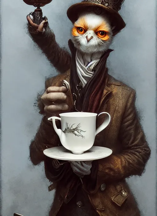 Image similar to a bird holds a cup of tea in its hands, hyperrealism, no blur, 4 k resolution, ultra detailed, style of tyler edlin, tom bagshaw, arthur rackham, ivan shishkin