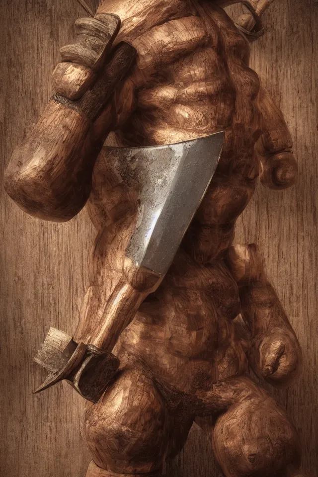 Image similar to photorealist detailled beautiful octane render portrait of a heavy wooden creature made of wood holding a shiny metallic axe, bokeh, soft focus, f 1. 8, unreal engine, particles, raytracing