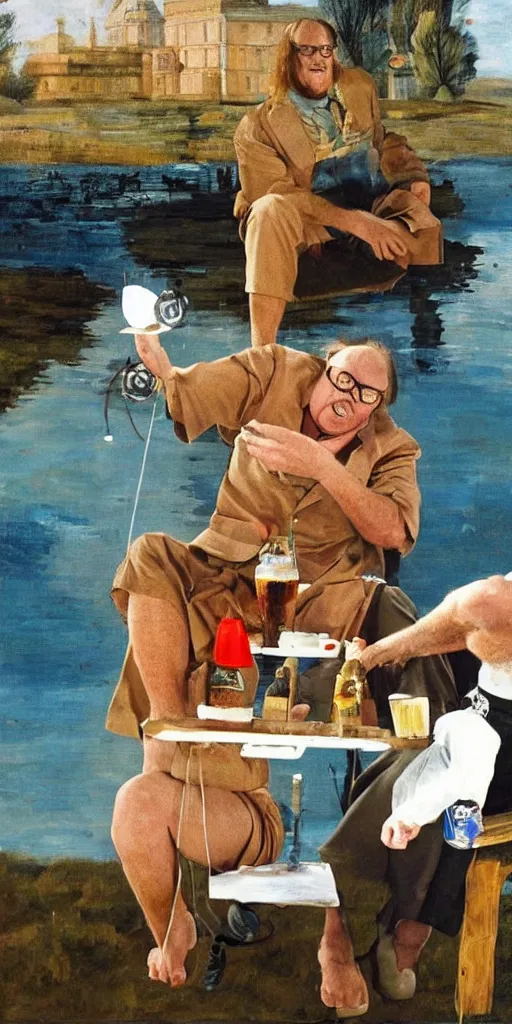 Image similar to matt foley living in a van down by the river playing beer pong with salvador dali in the style of vermeer