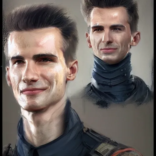 Image similar to portrait of a man by greg rutkowski, he is about 3 0 years old, mixture between german and turkish, copper quiff hair, uncanny smile, very tall and slender, he is wearing a futuristic police gear, highly detailed portrait, digital painting, artstation, concept art, smooth, sharp foccus ilustration, artstation hq