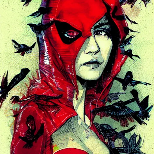 Image similar to portrait of a daydreaming latina woman in a red hood being progressively rasterized into pixels, surrounded by digital birds, by yoji shinkawa, esao andrews and dave mckean