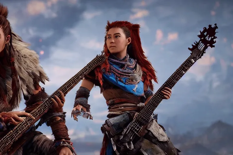 Image similar to aloy from the horizon zero dawn videogame playing a bc rich guitar with kratos from the god of war videogame