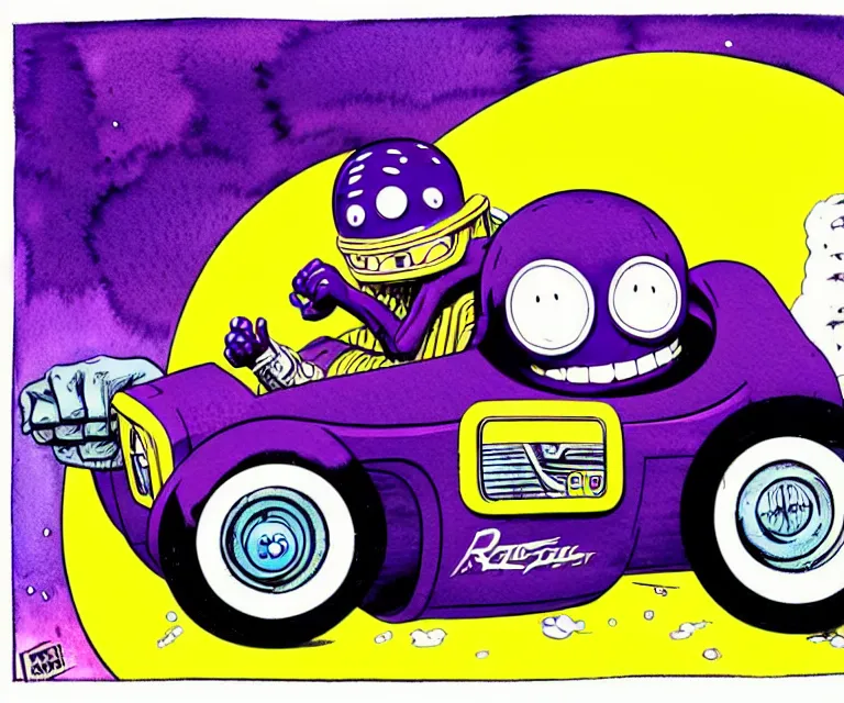 Prompt: cute and funny, thanos, wearing a helmet, driving a hotrod, oversized enginee, ratfink style by ed roth, centered award winning watercolor pen illustration, isometric illustration by chihiro iwasaki, the artwork of r. crumb and his cheap suit, cult - classic - comic,