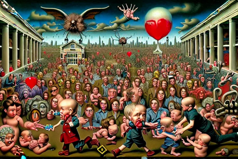 Image similar to a sparsely populated strange battle in an old hospital between old people and babies Robert Williams Mark Ryden and Alex Gross, Todd Schorr highly detailed deep perspective perfect composition