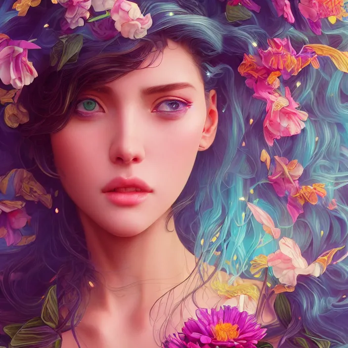 Prompt: beautiful, young woman, detailed gorgeous face, vaporwave aesthetic, synthwave, colorful, psychedelic, artstation, concept art, smooth, extremely sharp detail, finely tuned detail, ultra high definition, 8 k, unreal engine 5, ultra sharp focus, flowers, bees, illustration, art by artgerm and greg rutkowski and alphonse mucha