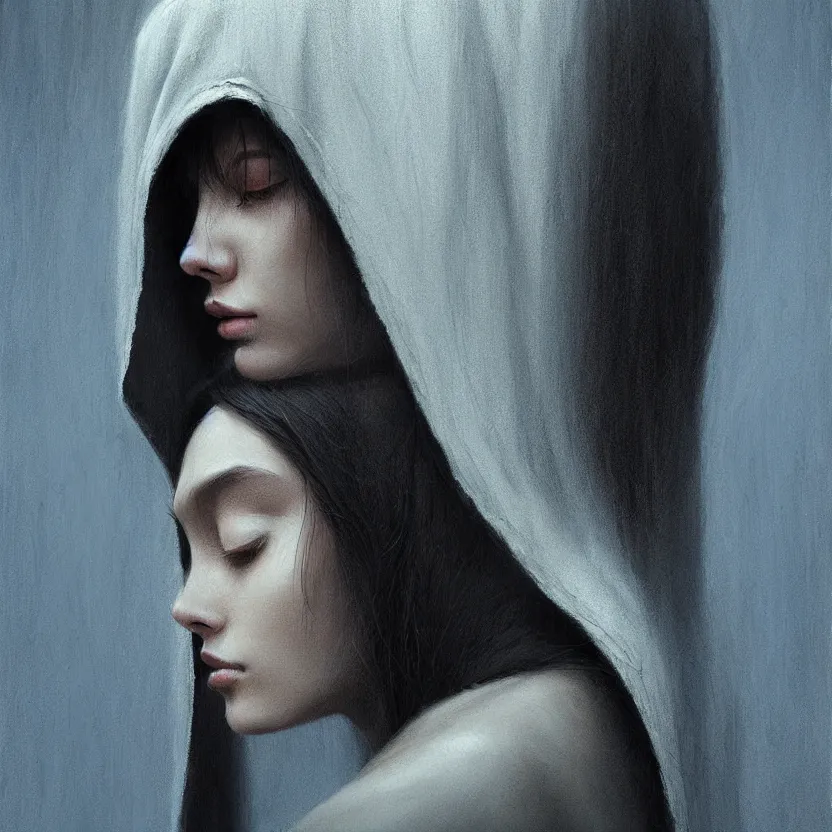 Image similar to Portrait of a young woman with dark hair wearing a hooded robe, she is looking down, unique, intricate, elegant, highly detailed, digital painting, artstation, concept art, smooth, sharp focus, illustration and art by beksinski