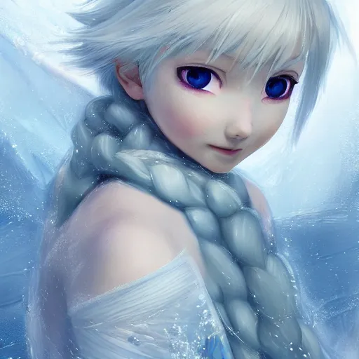 Image similar to white-haired anime girl frozen in an ice floe, intricate, highly detailed, smooth, close-up, artstation, digital illustration by Ruan Jia