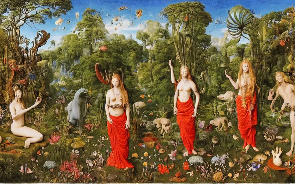 Prompt: a portrait photograph of a meditating mermaid shaman and a centaur monk feeding tropical animals at a wide river delta. surrounded by bulbous flowers, elephants, trees and mushrooms. mountain range under a vast blue sky of burning stars. painted by jan van eyck, max ernst, ernst haeckel and artgerm, cgsociety, artstation, fashion editorial