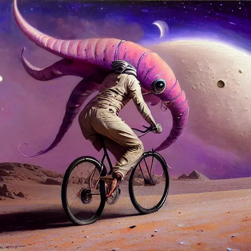 Prompt: a giant purple squid riding bicycle on the moon. highly detailed painting by gaston bussiere, greg rutkowski, j c leyendecker 8 k