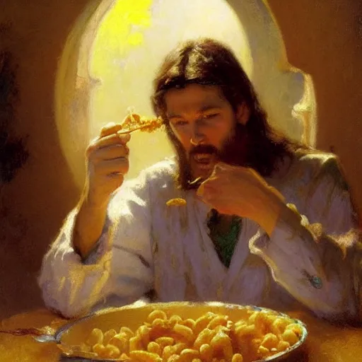 Image similar to Jesus eating mac n’ cheese, painting by Gaston Bussiere, Craig Mullins