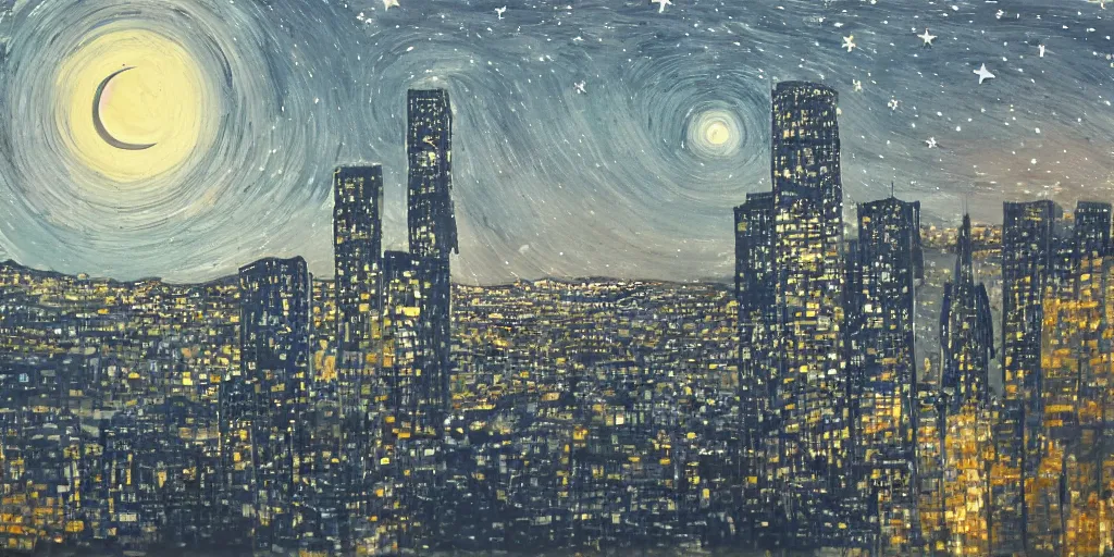 Image similar to stary night painting, norman foster tower, house, city