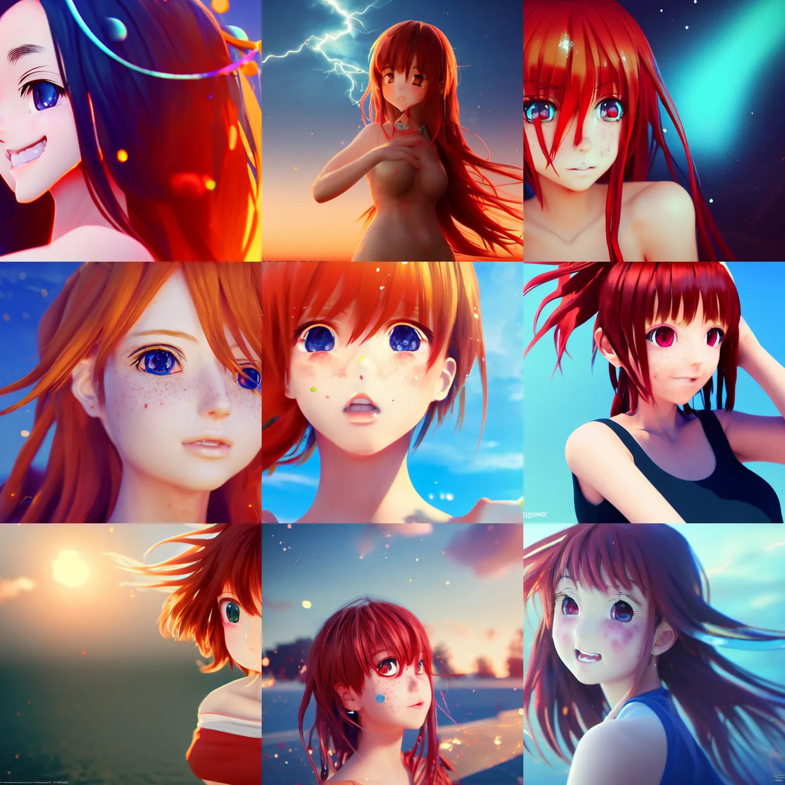 Prompt: Render of a very beautiful 3d anime girl, messy square vibrant red hair, blue watery eyes, cute freckles, full round face, playful smile, cute black sundress, golden hour, medium shot, mid-shot, cinematic lightning, highly detailed, trending on Artstation, Unreal Engine 4k wallpaper