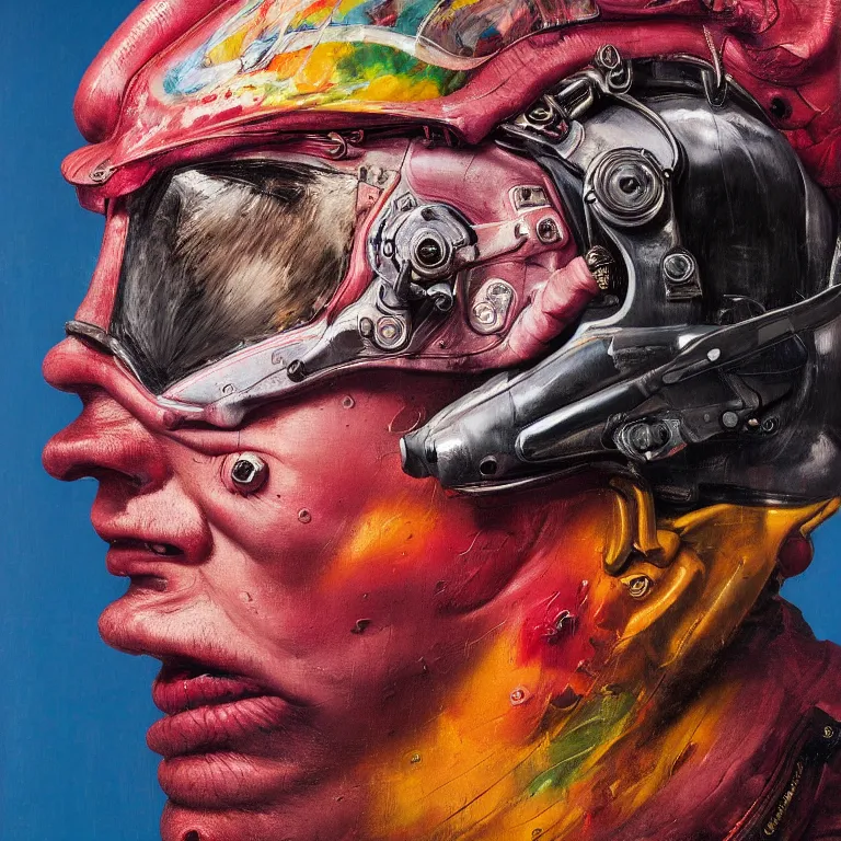 Prompt: hyperrealistic detailed higher angle portrait of a character in fighter pilot helmet, fighter jets, rich deep colors, ultra detail, by francis bacon, james ginn, petra courtright, jenny saville, gerhard richter, zdzisaw beksinski, takato yamamoto. masterpiece, elegant fashion studio ighting 3 5 mm