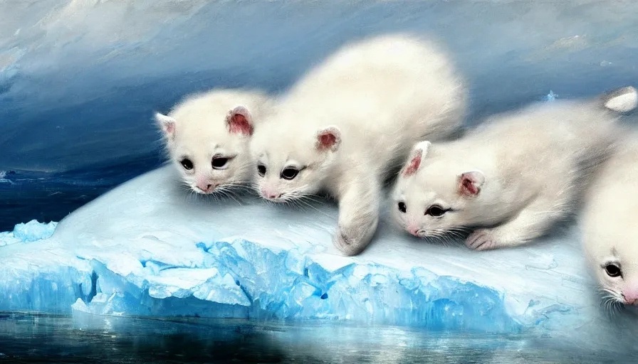 Image similar to highly detailed painting of cute furry white baby seal kittens cuddling into each other on a blue and white iceberg by william turner, by greg rutkowski, by william constable, thick brush strokes and visible paint layers, 4 k resolution