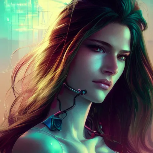 Image similar to beautiful, young woman, cybernetic, cyberpunk, detailed gorgeous face, flowing hair, vaporwave aesthetic, synthwave , digital painting, artstation, concept art, smooth, sharp focus, illustration, art by artgerm and greg rutkowski and alphonse mucha