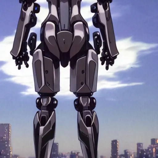 Image similar to late 2 0 1 0 s cg anime screenshot of a sleek, slender, human - scale mecha suit defending the city streets, designed by hideaki anno, drawn by tsutomu nihei, and painted by zdzislaw beksinski