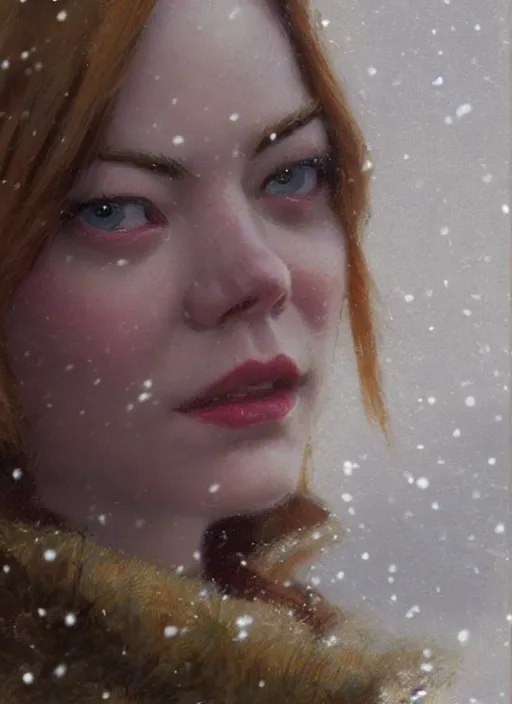 Image similar to emma stone in beige coat, close up face, winter new york, snow, artwork by gaston bussiere, craig mullins, trending on artstation