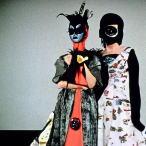 Prompt: 3 5 mm color photography, joel - peter witkin and stephen gammell, vogue shoot video still of masked giallo fashion show