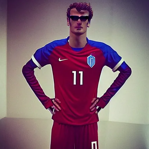 Image similar to “ a realistic detailed photo of a guy who is an attractive humanoid who is half robot and half humanoid, who is a male android, soccer player antoine griezmann, shiny skin, posing like a statue, blank stare, at the museum, on display ”